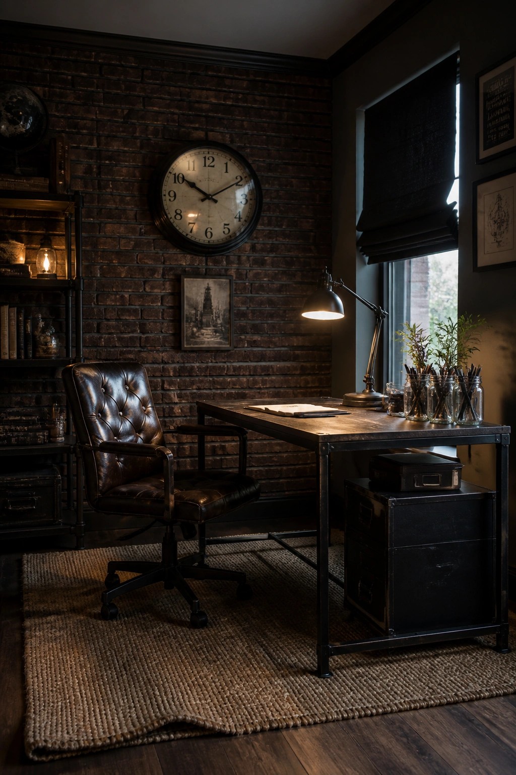 Dark industrial office with leather chair, wooden desk, brick wall, and vintage clock.
