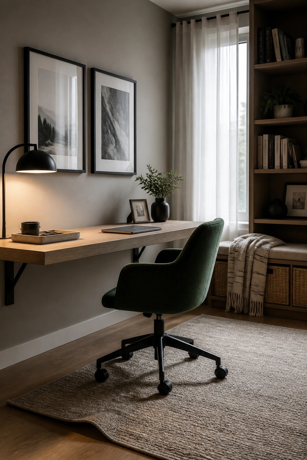 A home office featuring a wall-mounted wooden desk with black brackets, a dark green upholstered swivel chair, two framed black-and-white prints, and a built-in bookshelf beside a window.