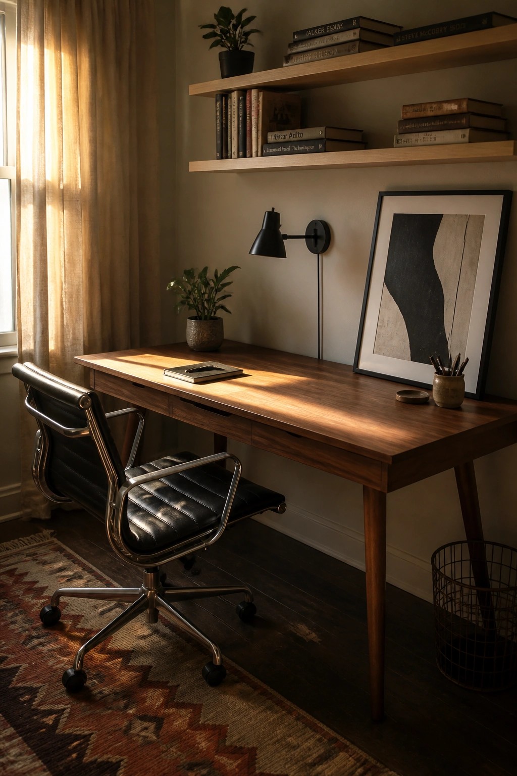 A wooden desk with a black leather office chair positioned in front of floating shelves holding books and a potted plant on a light-colored wall.