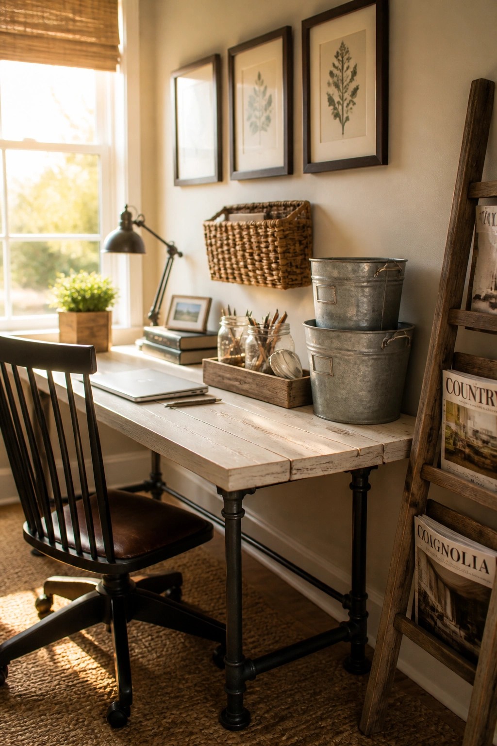 A home office featuring a light wood desk with black metal pipe legs, a dark wooden chair with brown leather seat, framed botanical prints on the wall, and a window with a woven shade.