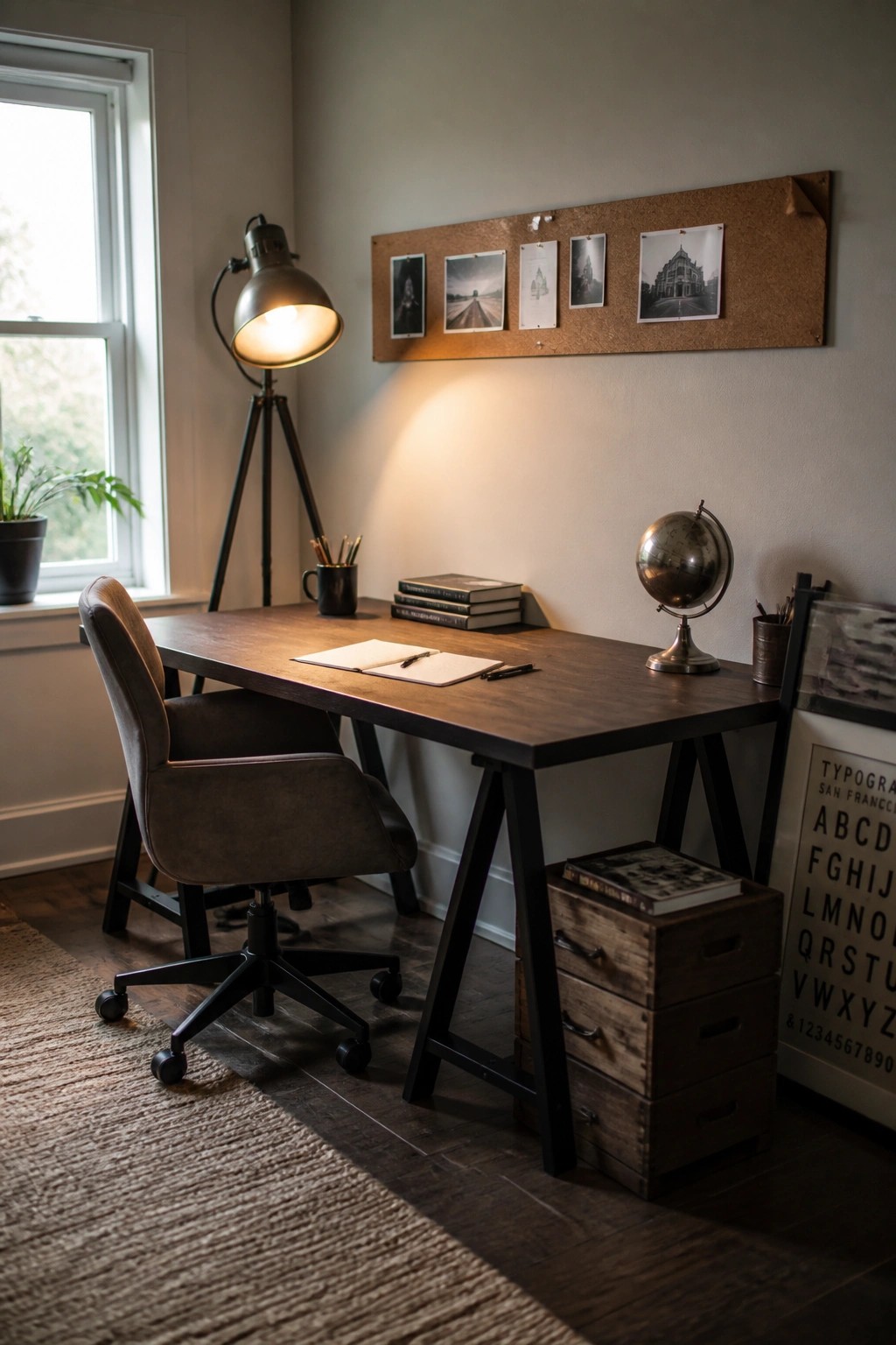 A masculine home office featuring a dark wood desk on black sawhorse legs, a brown upholstered office chair, a tripod floor lamp, stacked books, a globe, and a corkboard with photos on the wall.