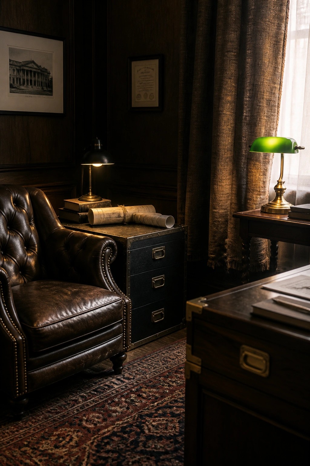 A brown leather armchair beside a black metal filing cabinet topped with books and rolled papers in a wood-paneled room.