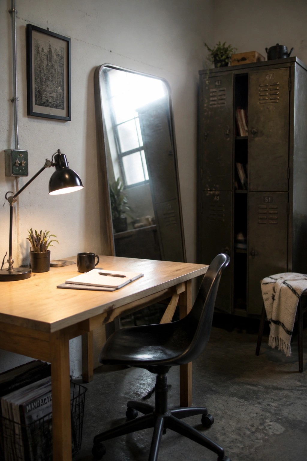 Industrial workspace with wooden desk, black chair, lamp, mirror, and metal lockers