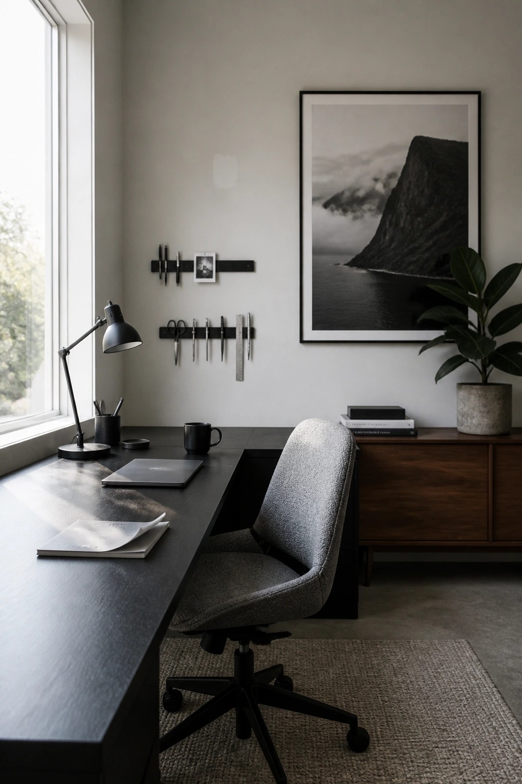 A minimalist home office featuring a dark desk with a gray upholstered chair, black desk lamp, wall-mounted black rails holding pens and scissors, a large framed landscape photo, and a wooden side cabinet.