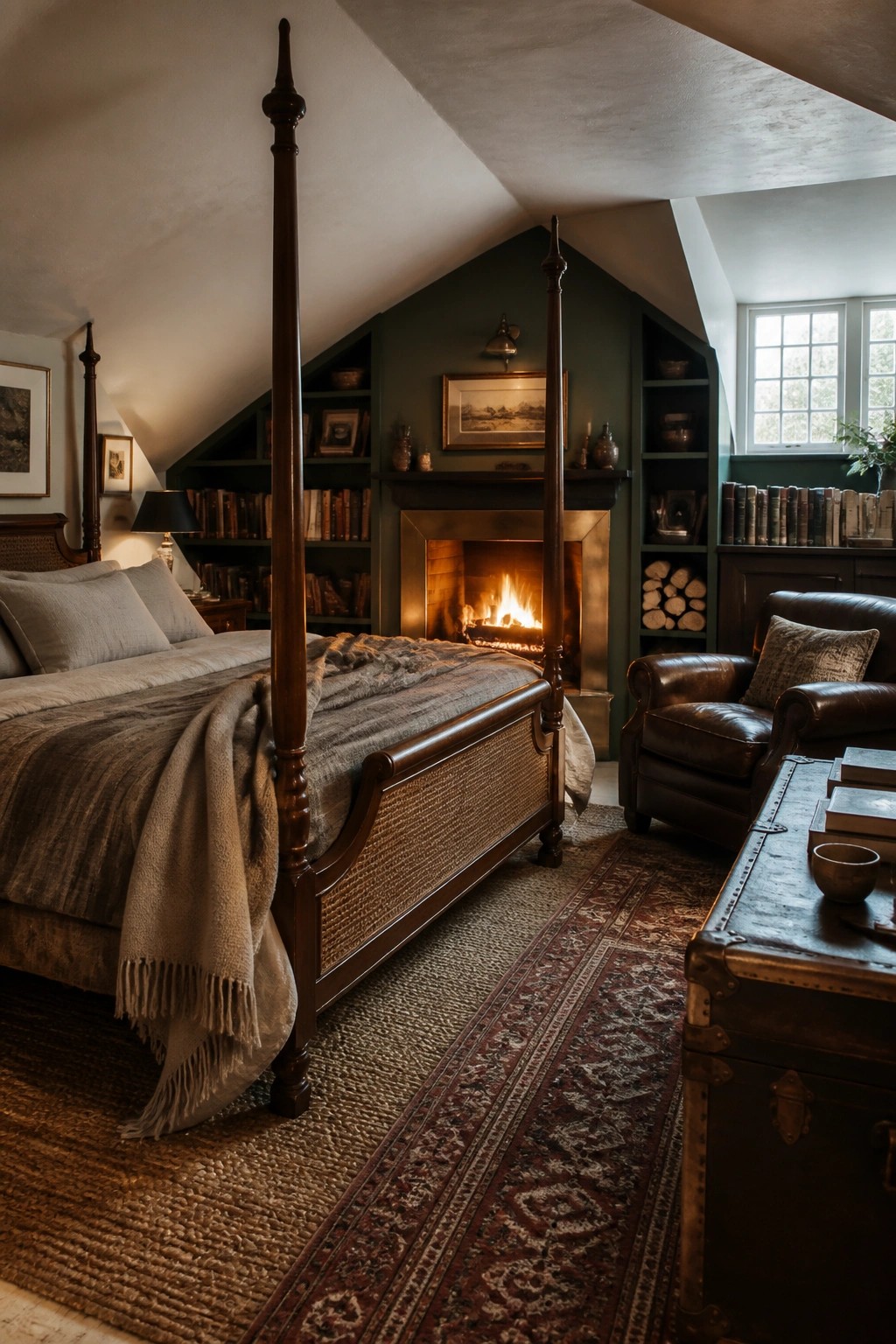 Cozy attic bedroom with four-poster bed, fireplace, bookshelves, and leather chair