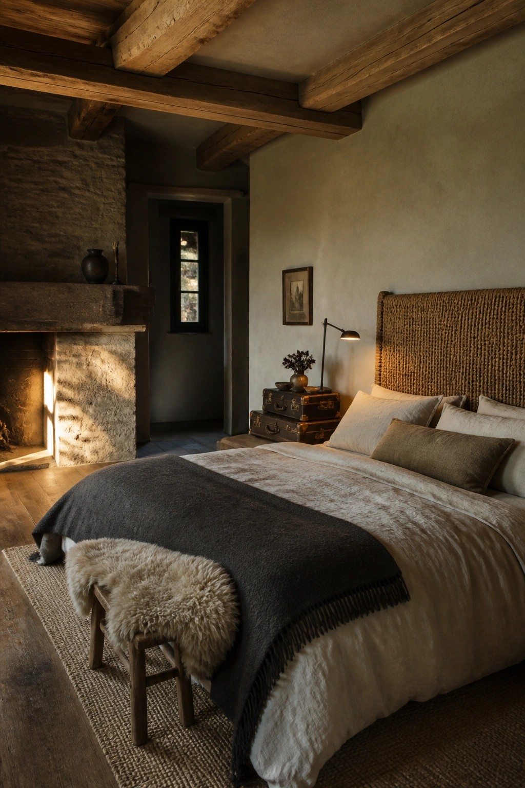 A bedroom interior showing a bed with a tall woven headboard, layered neutral bedding and a dark throw, a sheepskin-covered stool, and a stone fireplace visible in the background.