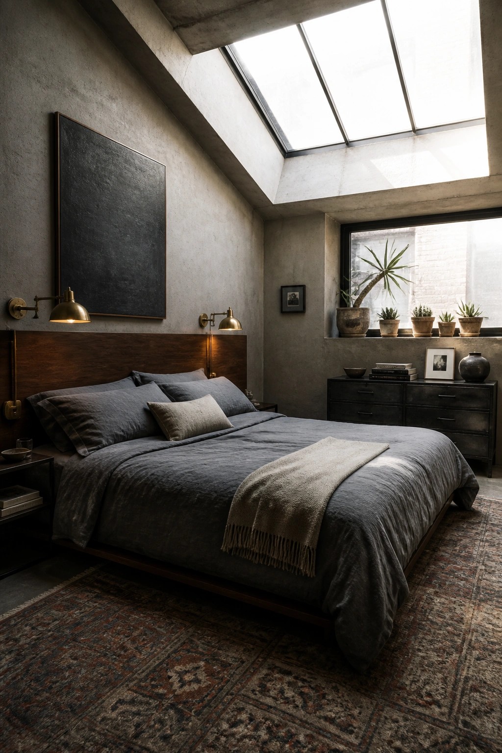 A bedroom featuring a large bed with dark gray bedding and a beige fringed throw, set against a wooden headboard and concrete walls beneath a skylight.