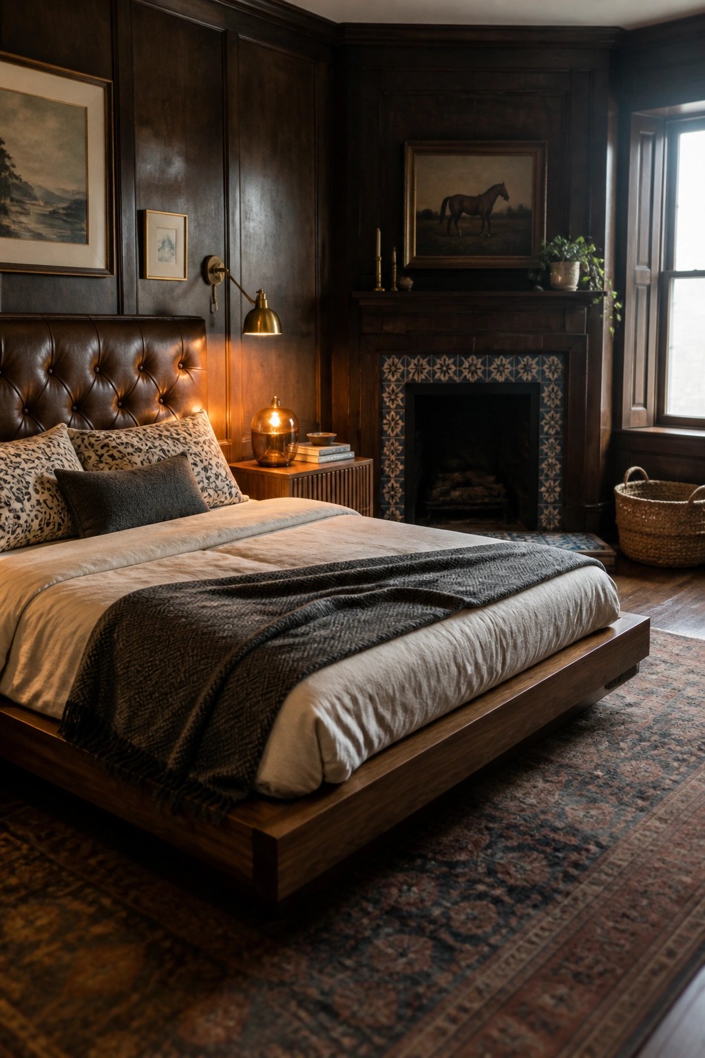 A bedroom with dark wood paneling, a brown leather bed, layered bedding with a gray throw, a tiled fireplace, and a patterned rug on the floor.