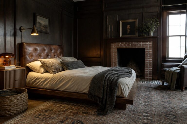 19 Cozy Gentleman Bedroom Ideas with Warm Layered Textures A bedroom with dark wood paneling, a brown leather bed, layered bedding with a gray throw, a tiled fireplace, and a patterned rug on the floor.