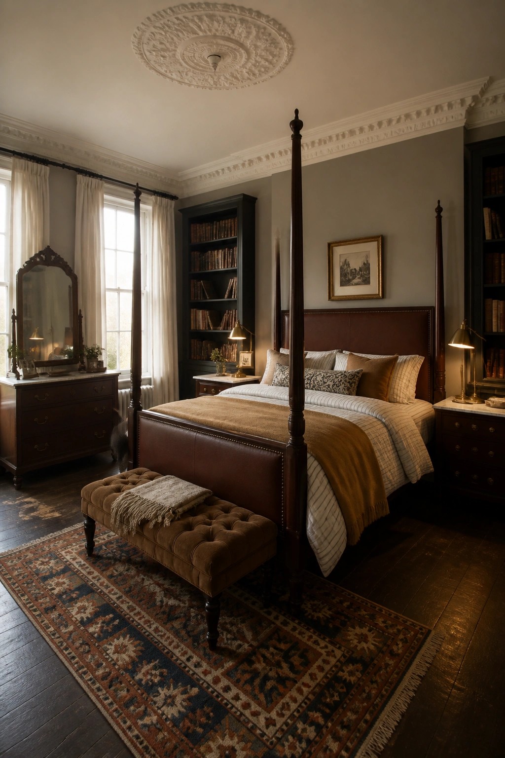 A bedroom with a dark wood four-poster bed, brown leather headboard, striped bedding, wool throw, tufted bench, patterned rug, and built-in bookshelves.
