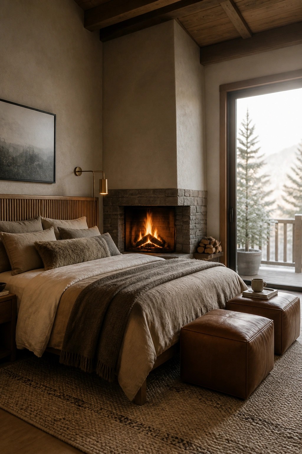 A bedroom featuring a large bed with layered neutral linens and a wool throw in front of a stone fireplace, two brown leather ottomans on a woven rug, and a glass door opening to a snowy outdoor view.