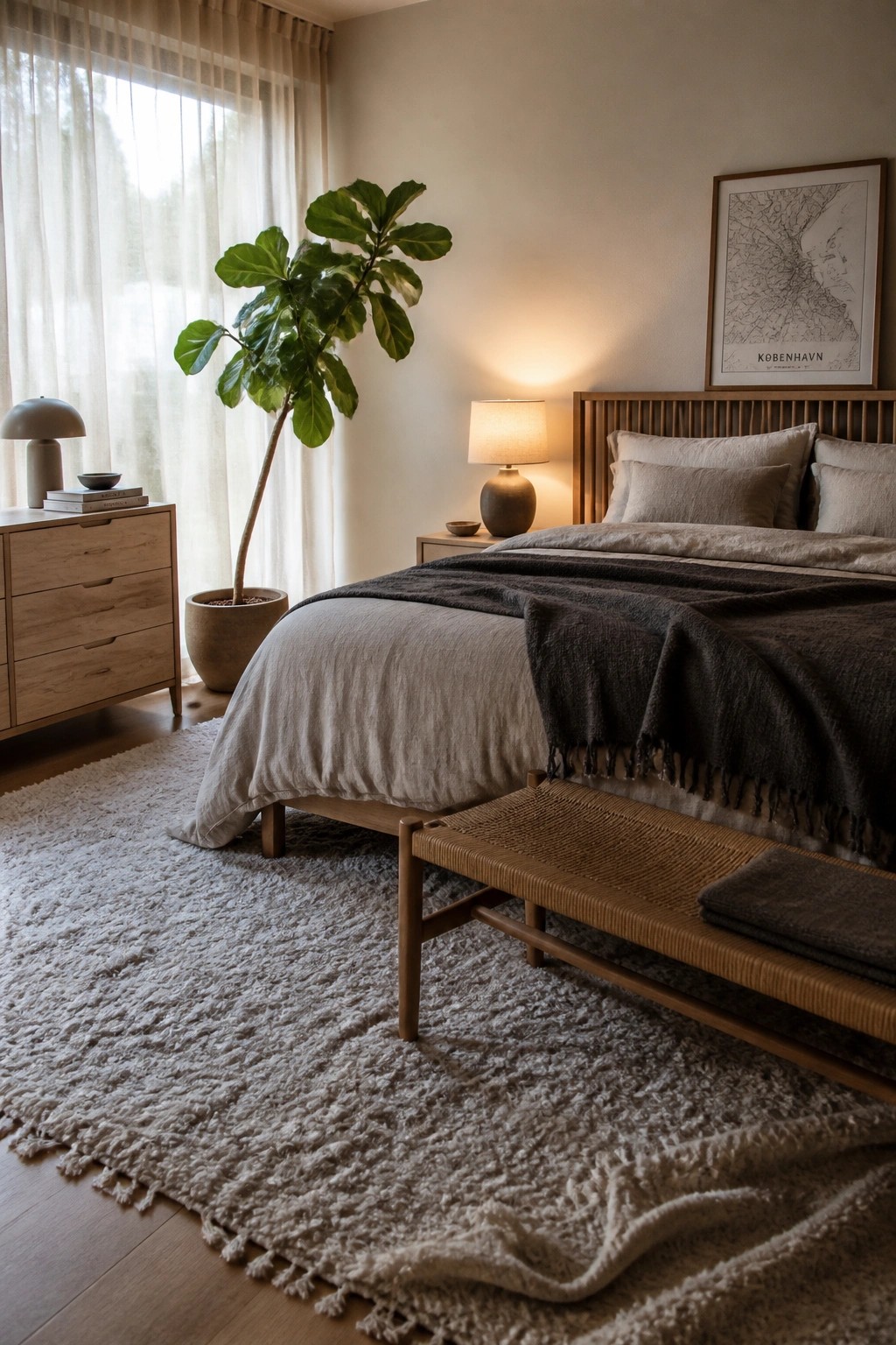 A bedroom featuring a wooden bed with layered neutral bedding, a woven bench at the foot, a large potted plant near the window, and a shaggy rug on the floor.