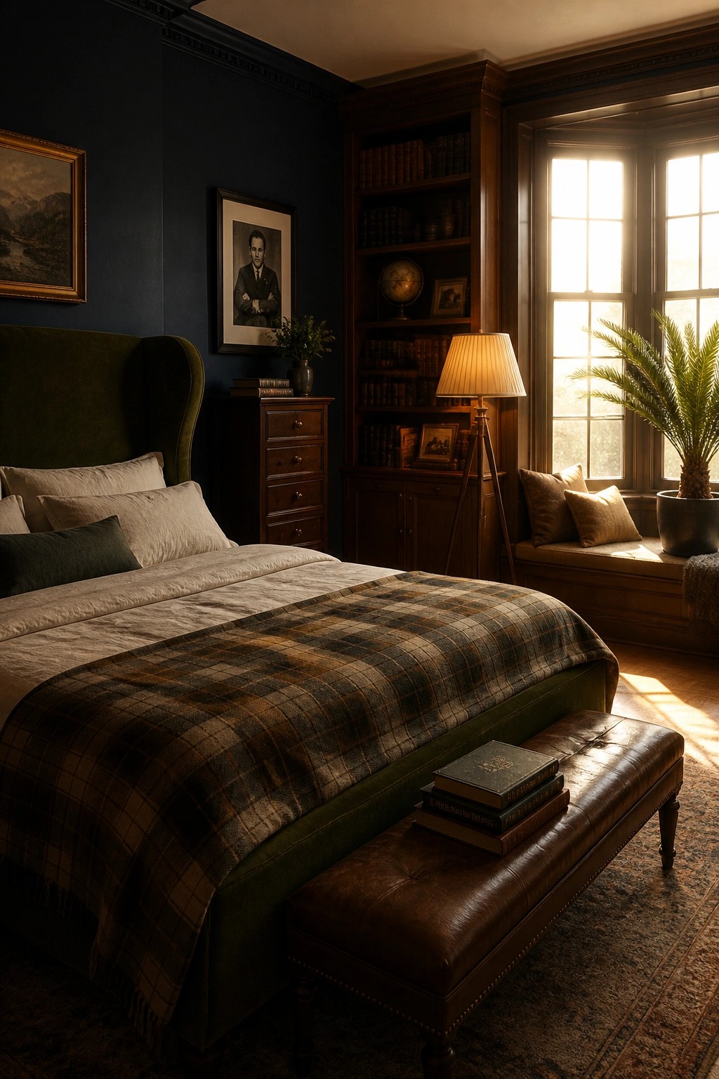 A bedroom featuring a bed with a plaid throw blanket, a leather bench holding stacked books, dark blue walls, a wooden bookshelf, and a window with a cushioned seat.