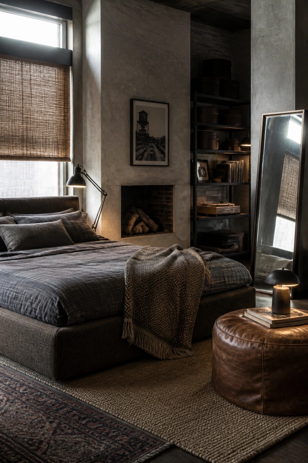A bedroom interior featuring a large bed with dark plaid bedding, a fringed woven throw, a brown leather ottoman with stacked books, woven rugs on the floor, and a brick fireplace set into a concrete wall.