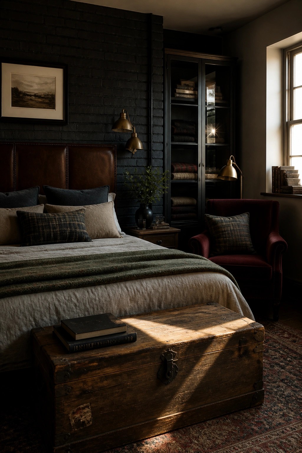 A dimly lit bedroom with a dark brick wall, brown leather headboard, layered bedding in neutral tones, a wooden trunk at the foot of the bed, and a red armchair beside a tall cabinet.