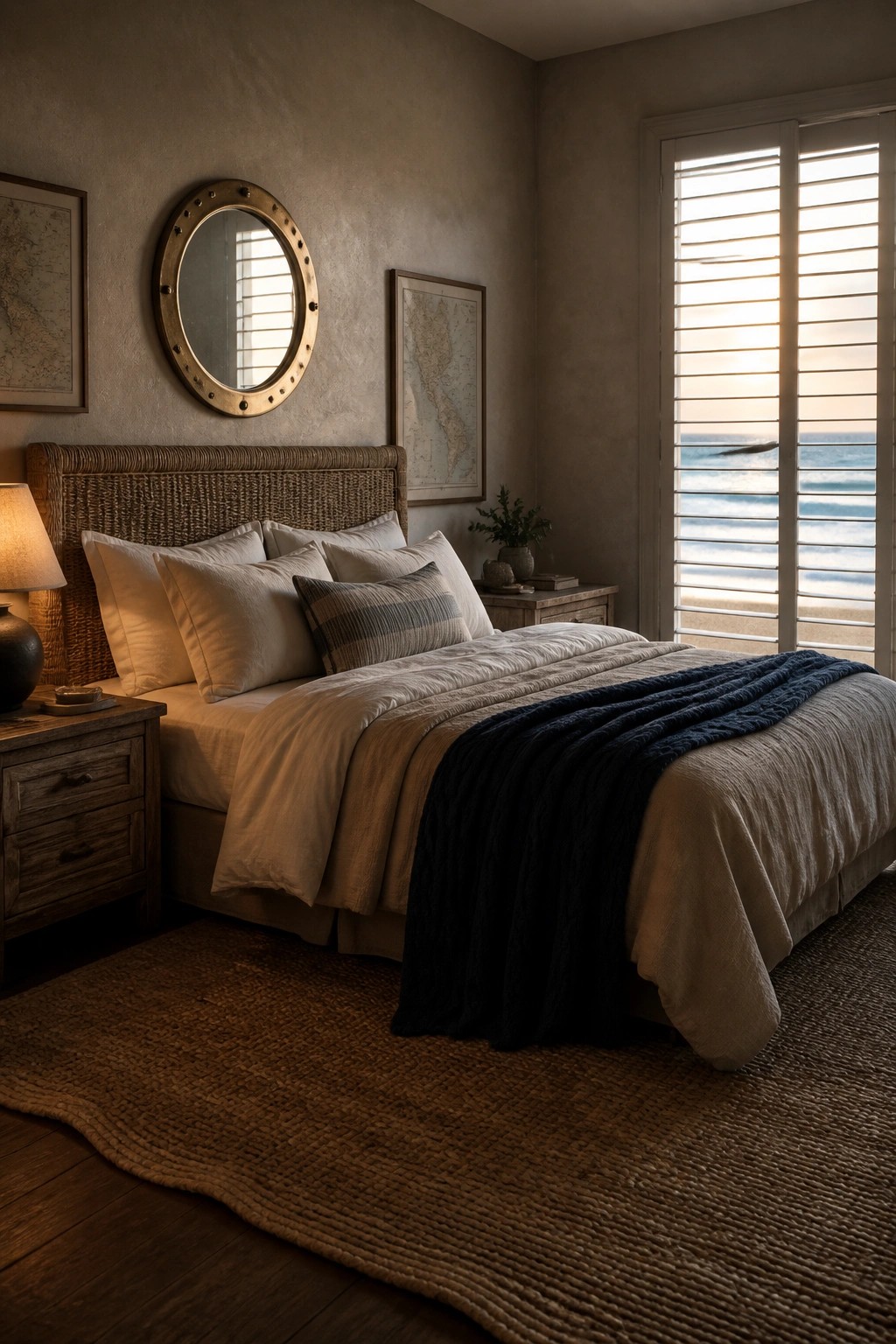 Cozy bedroom with woven bed, neutral linens, blue throw, and ocean view