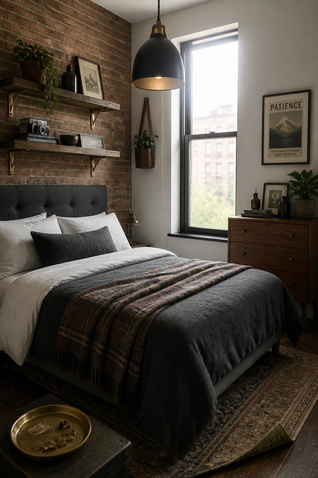 A bedroom with a large bed dressed in dark gray bedding and a plaid throw, set against an exposed brick wall with wooden floating shelves and a window on the right.
