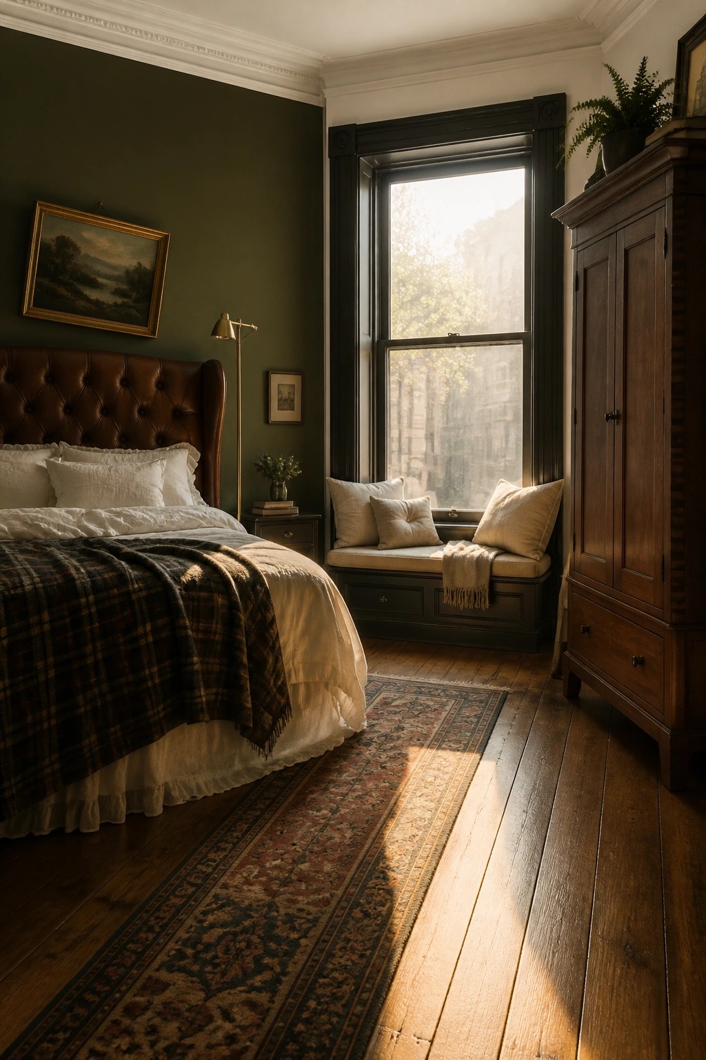 A bedroom featuring a bed with a brown leather headboard, white linens, and a dark plaid throw, positioned beside a large window with a built-in cushioned seat and dark green walls.