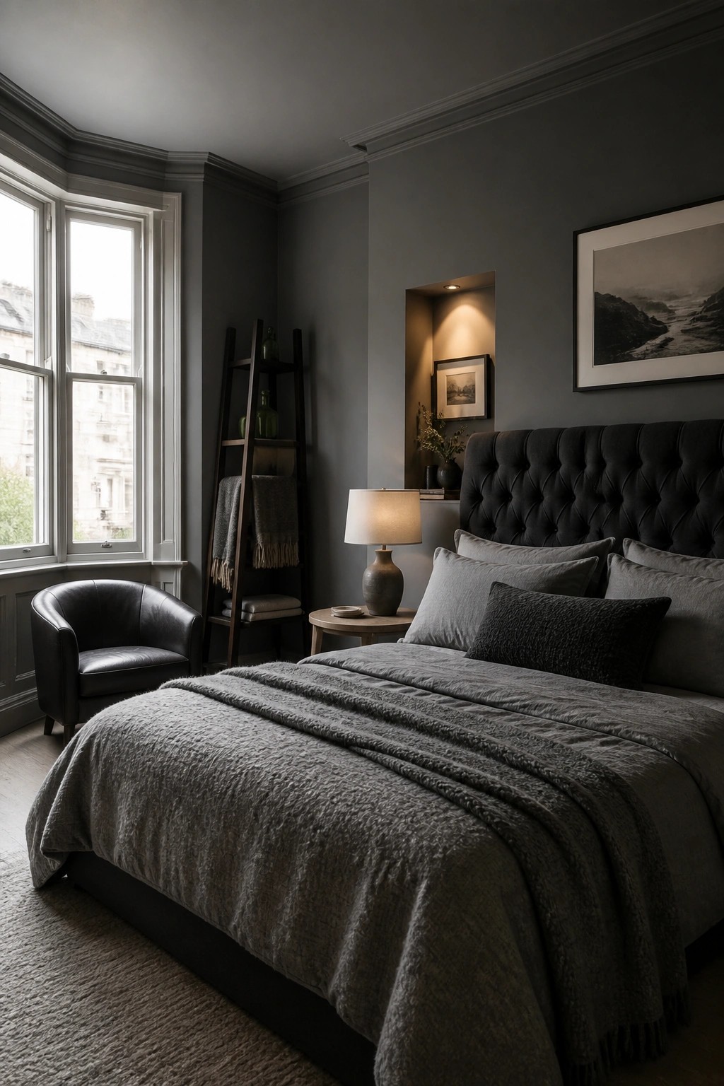 A dark gray bedroom featuring a large bed with a tufted headboard dressed in multiple layers of gray bedding and a chunky knit blanket, with a window seat area and leather chair visible nearby.