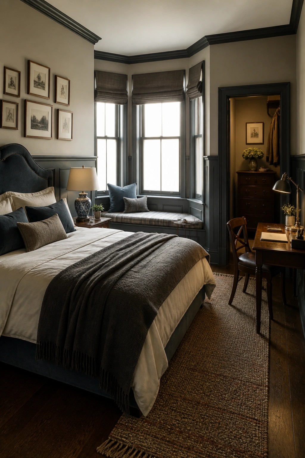 A bedroom featuring a large bed with white linens and a gray fringed throw blanket, a window seat with blue cushions, dark wood furniture, and a woven rug on the floor.