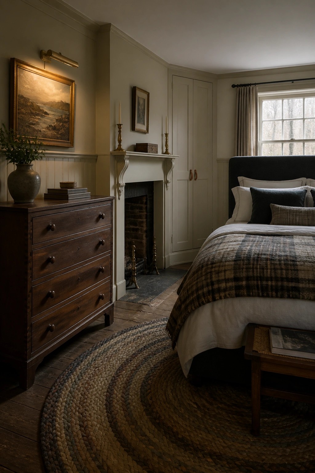 A bedroom interior with a dark wood dresser on the left, a white fireplace mantel in the center, a bed with plaid bedding on the right, and a large round braided rug covering much of the wooden floor.