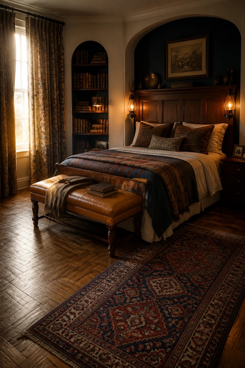 A bedroom with a wooden bed layered with plaid pillows and a striped throw, a brown leather bench at the foot, arched bookshelves on the left wall, and warm lamp light on either side of the headboard.
