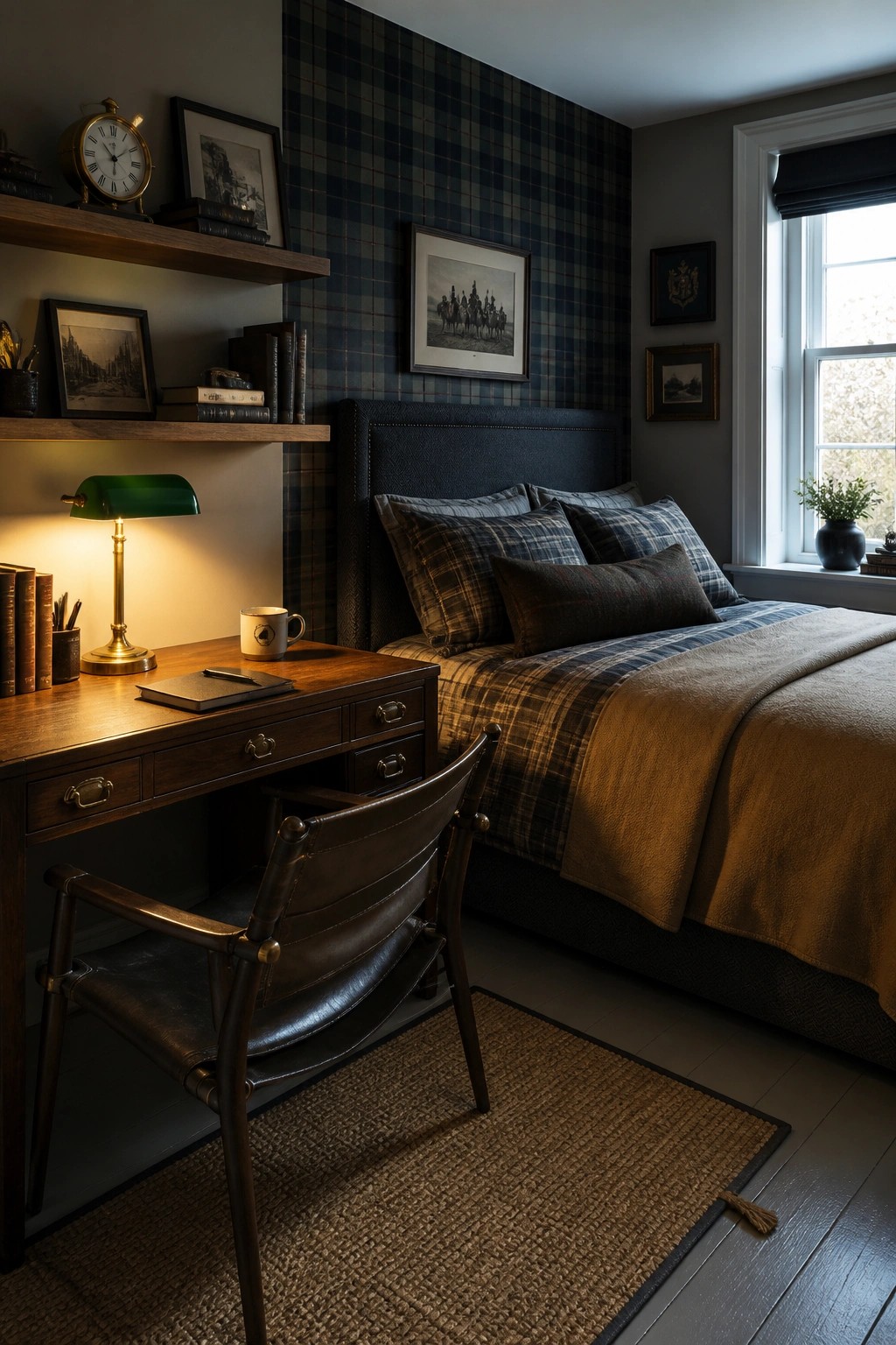 A bedroom interior with dark plaid wallpaper, a bed dressed in plaid textiles, a wooden desk with leather chair, and a window on the right side.