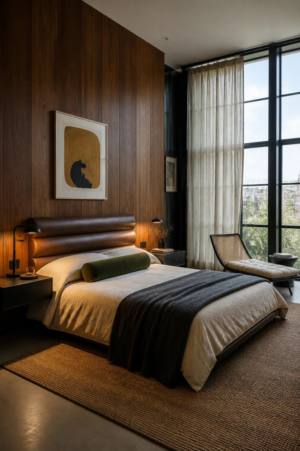 A bedroom with a bed against a dark wood paneled wall, brown leather headboard, layered bedding in neutral tones, and a large window with sheer curtains to the right.