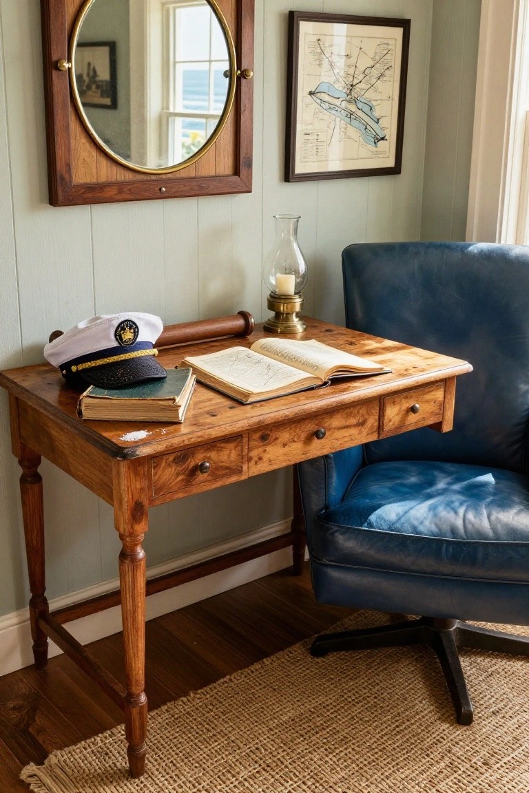 A wooden desk with an open book, rolled chart, captain's hat, and blue leather chair in a room with light green walls and a framed harbor map.