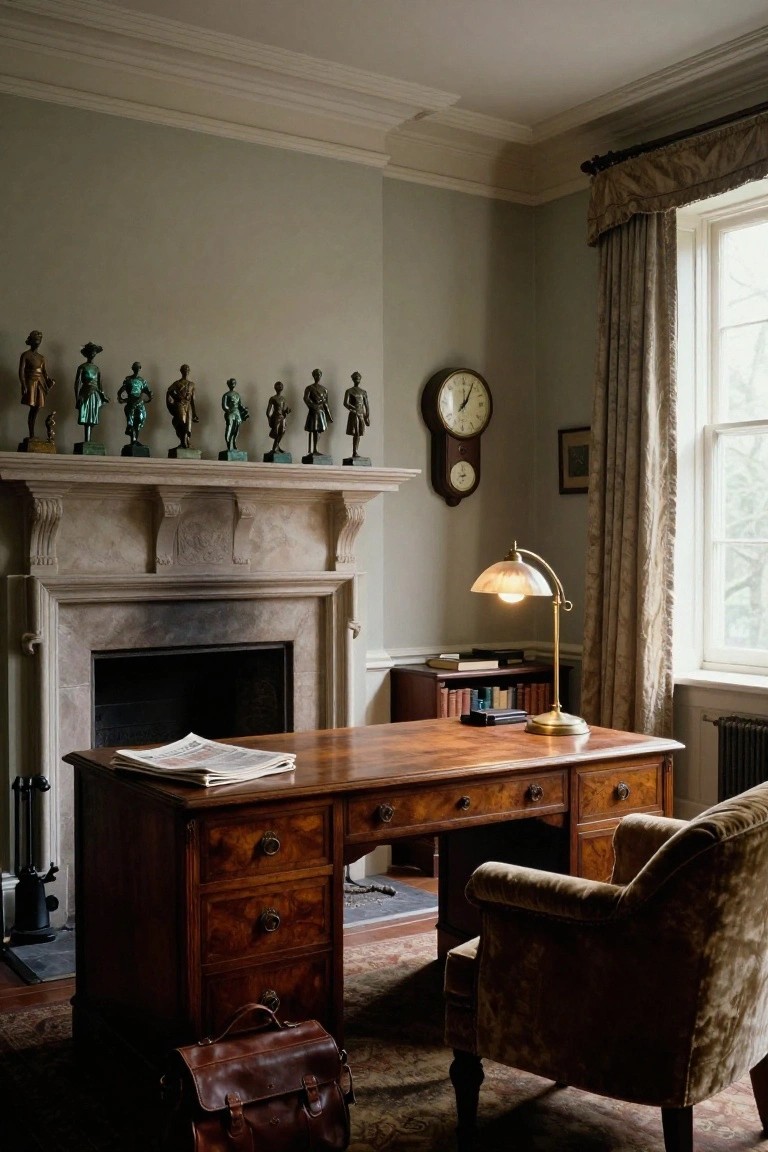 A home office featuring a large wooden desk with multiple drawers positioned in front of a marble fireplace, accompanied by a brass lamp and a velvet armchair.