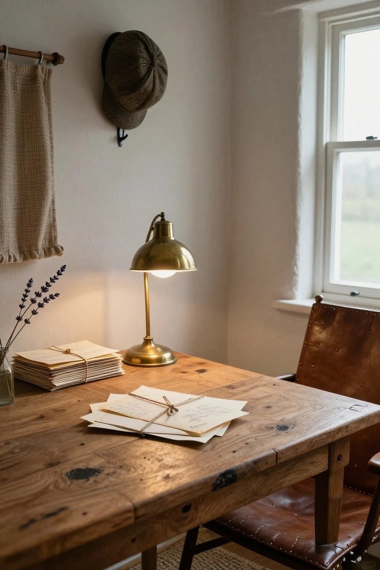 A wooden desk with a lit brass lamp, stacks of tied papers, and a leather chair next to a window.