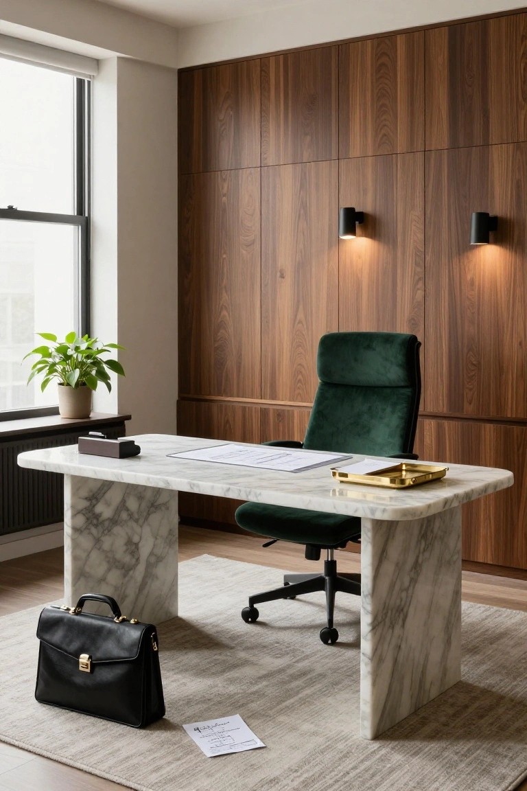 A modern home office featuring a large marble desk with a green velvet chair, wood paneled walls, and a black briefcase on the floor.