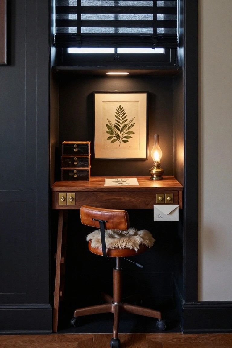 A wooden desk and brown leather chair are placed in a dark alcove beneath a window, with a framed botanical print and small lamp on the desk surface.
