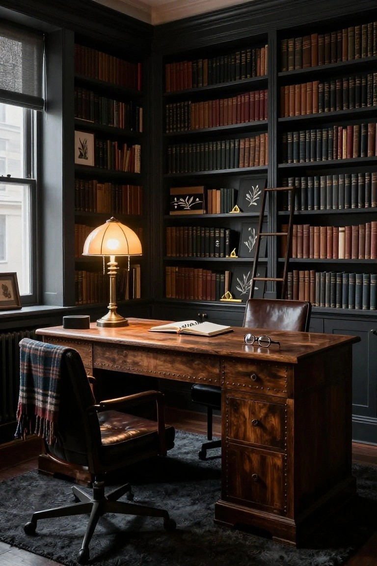 A dark wood home office with floor-to-ceiling built-in bookshelves, a large wooden desk with an open book and lamp, and two leather chairs on a rug.