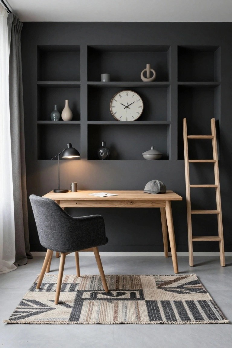 A wooden desk and gray upholstered chair sit in front of a dark gray wall with recessed shelves holding vases, a clock, and small objects, with a patterned rug underneath.