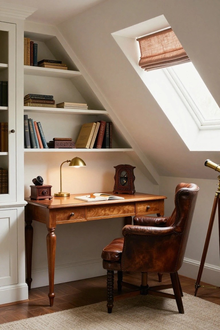 An attic office with built-in white bookshelves, a wooden desk, a brown leather chair, and a skylight with a fabric shade.