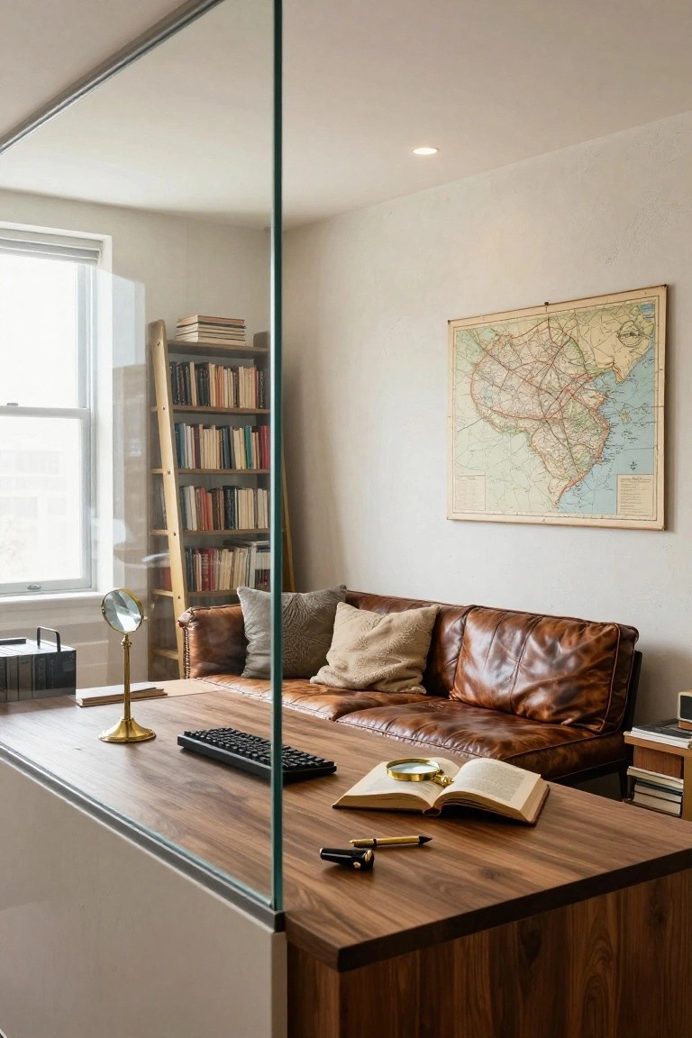 A wooden desk in the foreground holds an open book and keyboard, with a brown leather sofa and map on the wall behind it in a home office.