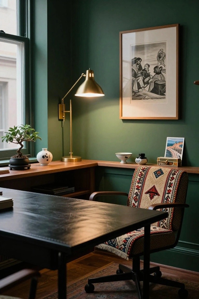 A home office with deep green walls, a wooden desk with a brass lamp, and an upholstered chair draped with a patterned blanket.