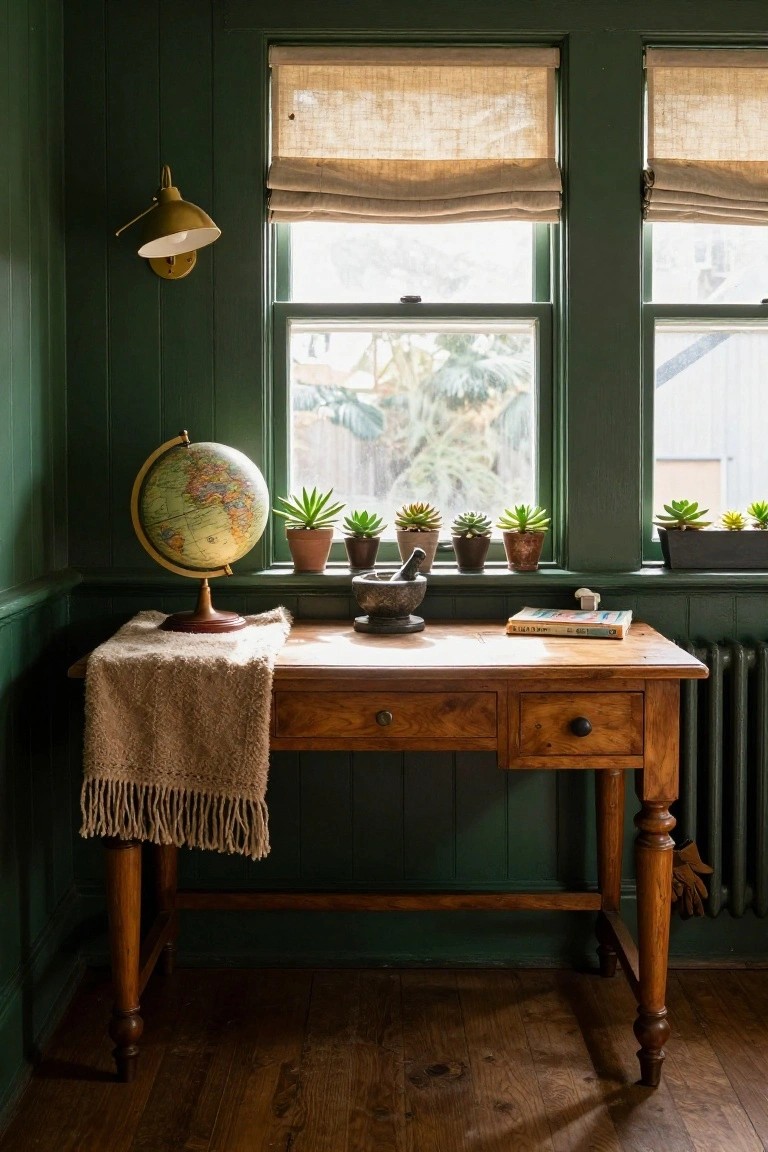A wooden desk with turned legs sits below two windows in a room with dark green walls, holding a globe, a mortar and pestle, books, and several small potted plants on the windowsill.