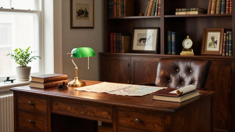 19 Cozy Gentleman Office Ideas with a Warm and Inviting Vibe A home office featuring a dark wooden desk with two brown leather armchairs, a green desk lamp, built-in bookshelves, and a window with a potted plant on the sill.