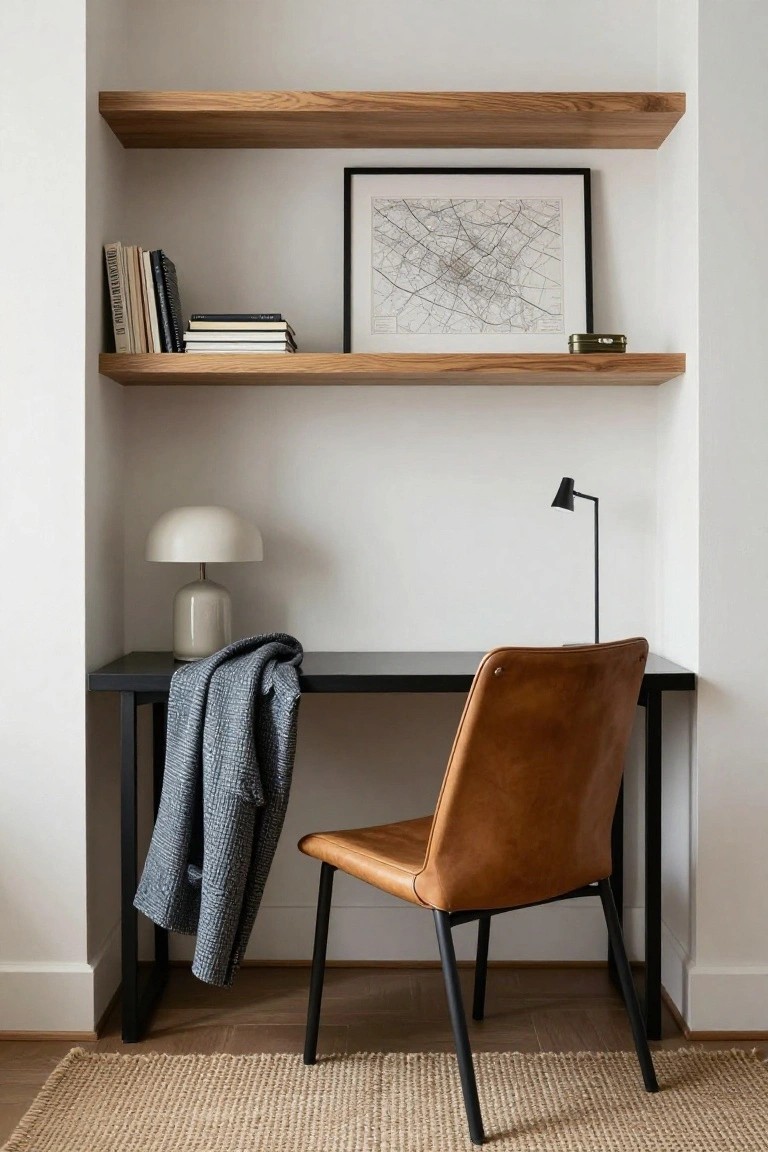 A compact office nook with a black desk, brown leather chair, and two wooden floating shelves holding books and a framed map.