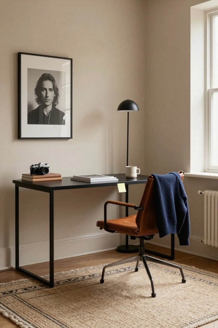 A minimalist home office featuring a black desk, brown leather swivel chair with a blue sweater on it, and a framed portrait on the wall.