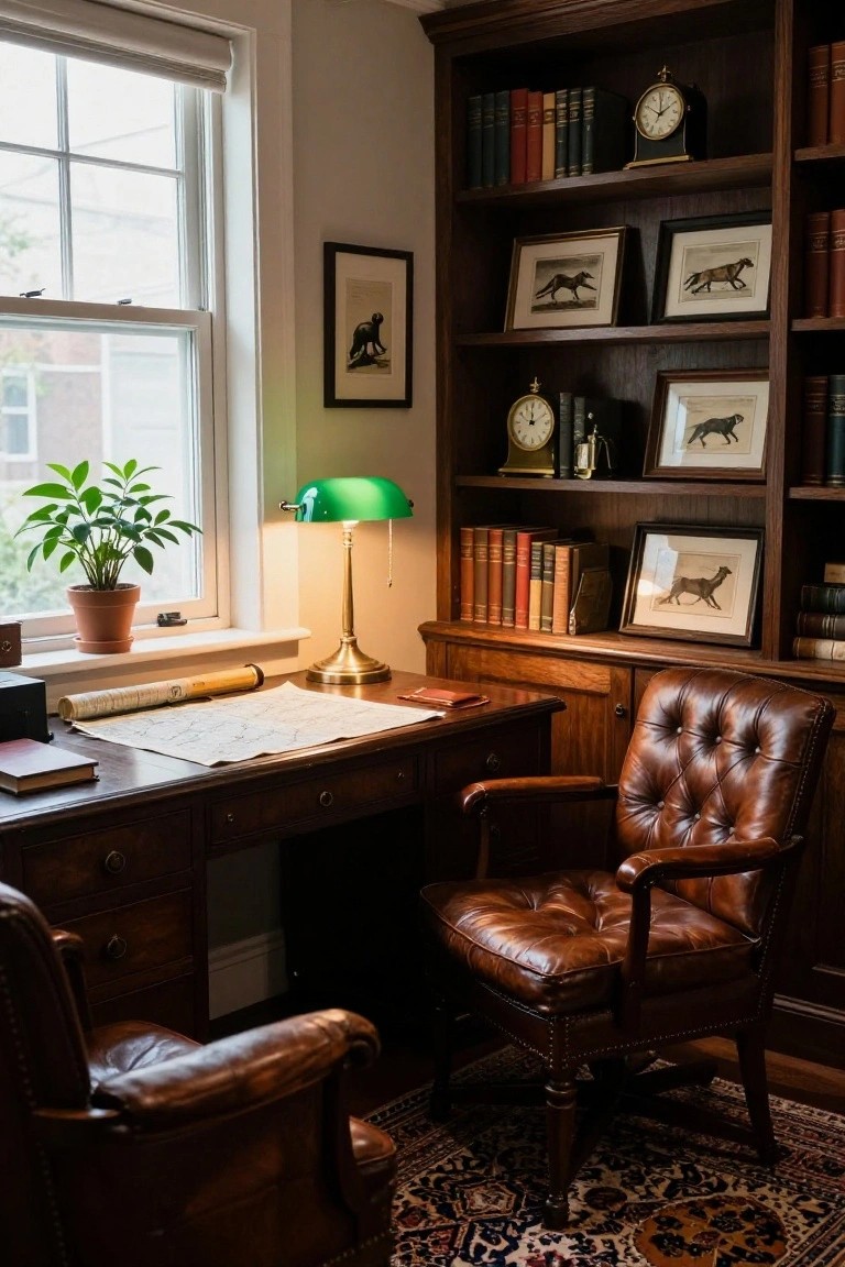 A home office featuring a dark wooden desk with two brown leather armchairs, a green desk lamp, built-in bookshelves, and a window with a potted plant on the sill.