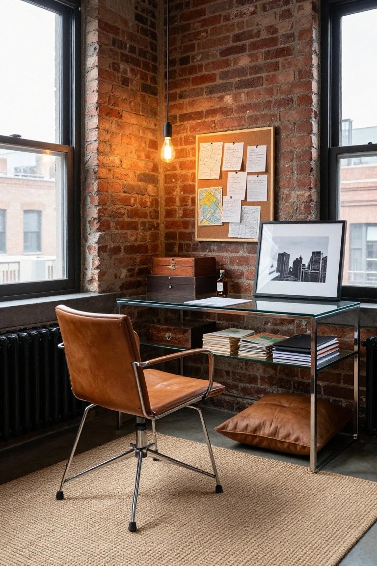A corner office with a brown leather swivel chair at a glass desk against a red brick wall, a corkboard with papers above the desk, and a framed black and white city photo on the desk.