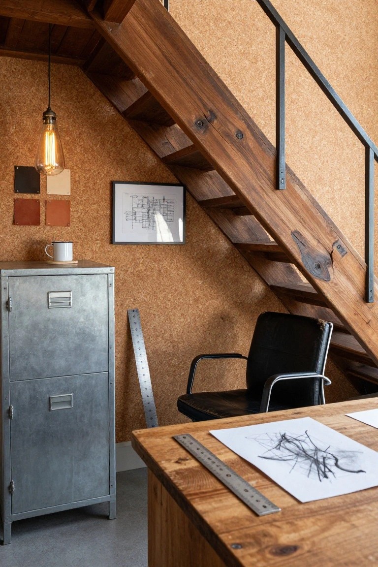 A compact office area with a wooden desk, metal filing cabinet, black chair, and framed print positioned beneath a wooden staircase with cork walls.