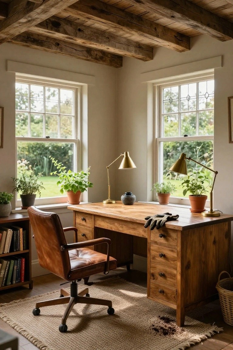 A home office featuring a large wooden desk with a brown leather swivel chair, two brass desk lamps, and potted plants on the windowsills.