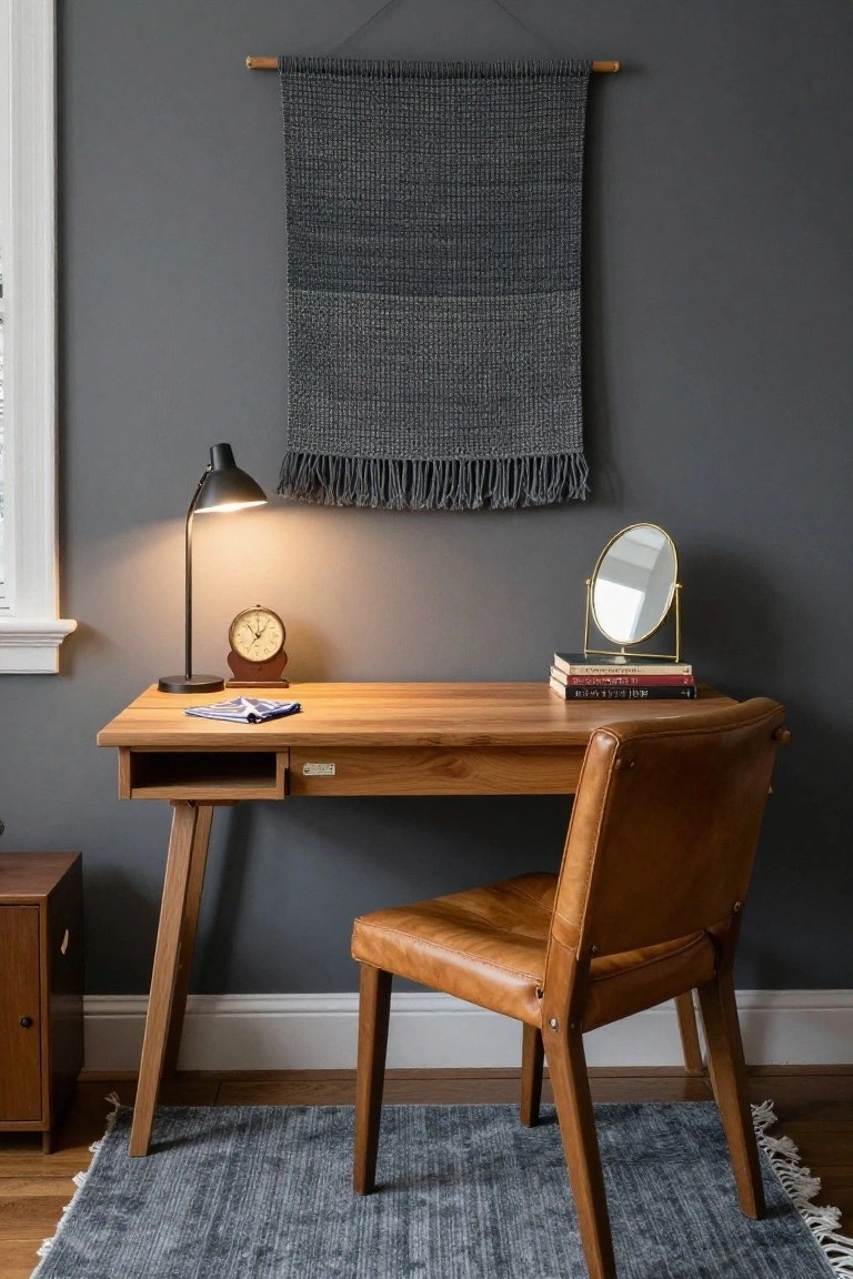 A wooden desk with a brown leather chair sits against a gray wall under a woven wall hanging, with a lit desk lamp and small mirror on the surface.