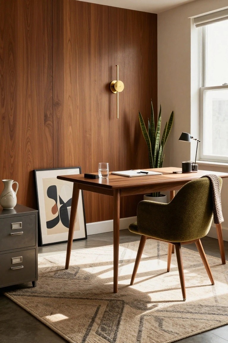 A home office featuring a wooden desk against vertical wood-paneled walls, with a green upholstered chair on a patterned rug.