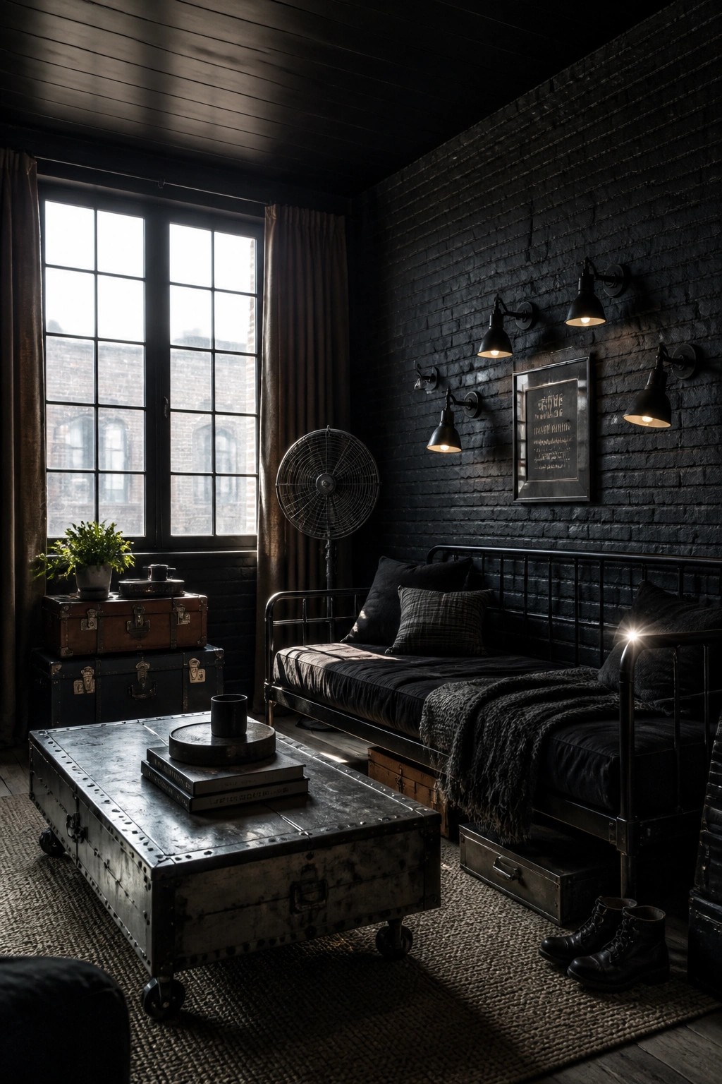A dark interior room featuring a black brick wall, metal daybed with dark linens, trunk-style coffee table, and large multi-pane window on the left.