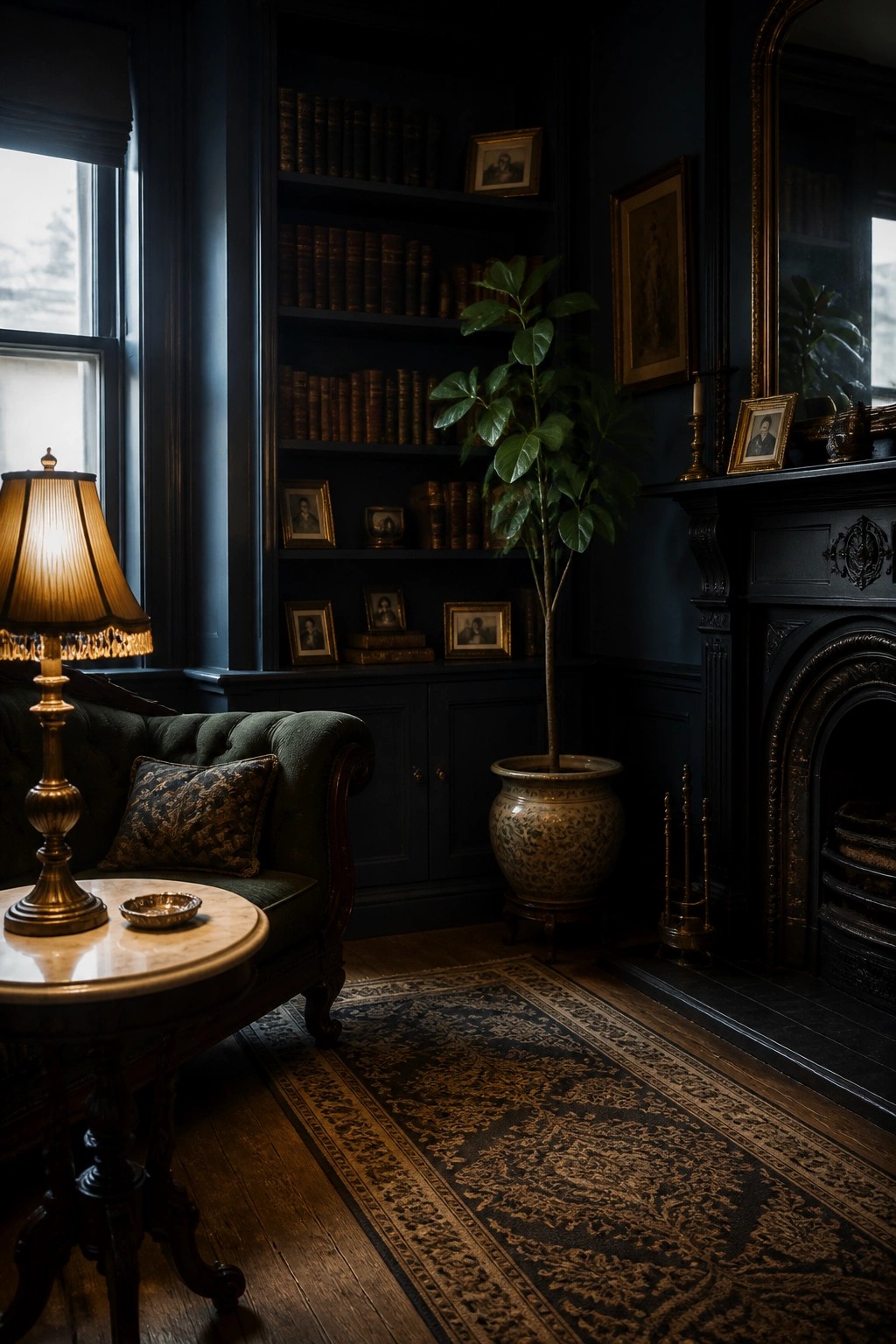 A dark navy living room featuring built-in bookshelves filled with books, a green tufted sofa with a table lamp, a potted plant, and a black fireplace mantel.